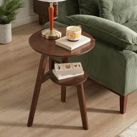 100% Solid Wood 2-Tier Side Table Sofa Side Table Living Room End Table Bedside Table,Solid Wood Round End Table