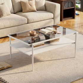 Modern Rectangular Coffee Table with Tempered Gray Glass Top and MDF Layer â€“ Table for Living Room,White Legs