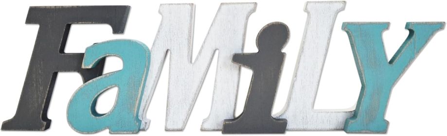 Family Wood Signs for Home Decor in Grey Teal White Multicolor - Rustic Freestanding Stacked Letters for Shelf Mantel- 3D Thick Retro Family Wooden Le