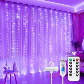 Halloween Purple Curtain Lights, 300 LED Dimmable Fairy Lights with Remote and Timer, 8 Modes