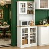 Kitchen Pantry Cabinet Freestanding Storage Cabinet with Hutch, Large Countertop, Glass Doors and Adjustable Shelves