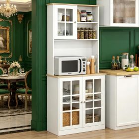 Kitchen Pantry Cabinet Freestanding Storage Cabinet with Hutch, Large Countertop, Glass Doors and Adjustable Shelves