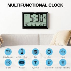 10.4 Inch Digital Wall Clock, Battery Operated Large Display Clock, Digital Calendar with Indoor Temperature/Humidity/Date/Day, Auto DST for Classroom