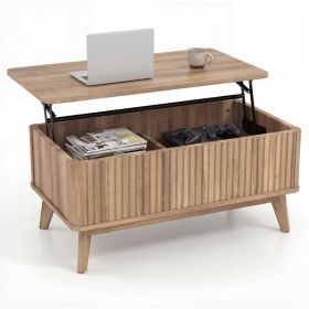 Walnut Lift Top Coffee Table with Fluted Design, 90.17Ã—50.80Ã—41.91cm Rubber Wood Legs Table with 2 Hidden Storage, 220LBS Capacity