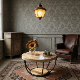 Wooden Coffee Table, 2-Tier Round Central Cocktail Table with Shelves