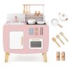 Wooden Kids Kitchen Playset with Cookware Accessories, Storage Cabinet & Hanging Hooks for Toddlers