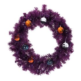 24in Pre-lit Halloween-Themed Christmas Wreath, Lighted Artificial Xmas Wreath with 50 Purple & Orange Lights and 100 PVC Tips and DIY Ball Ornaments