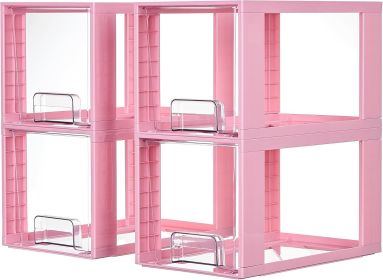 4 Pack Large Stackable Storage Drawers,Pink,Easily Assemble Acrylic Bathroom Closet Undersink Organizers and Storage,Plastic Bins for Kitchen Cabinets