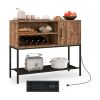 Rustic Brown Sideboard with 2 AC Outlets & 2 USB Ports, Charging Buffet Cabinet with Wine Rack- Rustic Brown