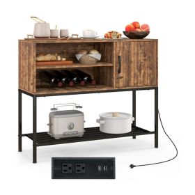 Rustic Brown Sideboard with 2 AC Outlets & 2 USB Ports, Charging Buffet Cabinet with Wine Rack- Rustic Brown