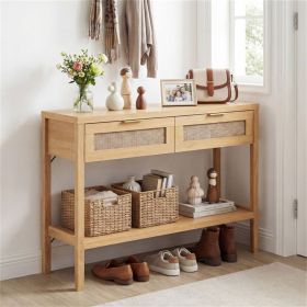 40" Console Table with Storage Drawers & Bottom Shelf, Sturdy PE Rattan Foyer Table for Hallway Living Room