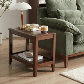 100% Solid Wood Rustic Side Table for Living Room,End Table with Storage Shelf 2-Tier Sofa Table for Living Room, Rubber Wood Indoor Plant Stand
