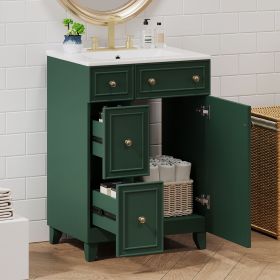 24" Forest Green Bathroom Vanity Cabinet with Ceramic Sink, 2 Drawers, 1 Soft-Close Door