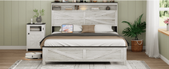 Queen size bed frame headboard with LED lights and charging station cushion platform bed frame, large bed, with headboard and hidden storage space