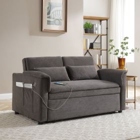 55" Velvet Two Seater Pull Out Sofa Bed, Adjustable Backrest With USB Ports, Two Side Pockets, 3 in 1 Convertible Sleeper Sofa Bed