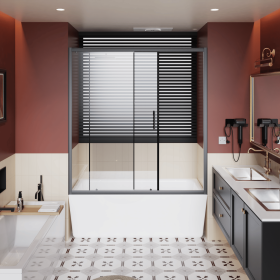 60.in W x 62.in H Single Sliding Shower Door for Bathtub, 1/5 inch Thick Clear Tempered Glass Shower Door with Stainless Steel Handle, Black