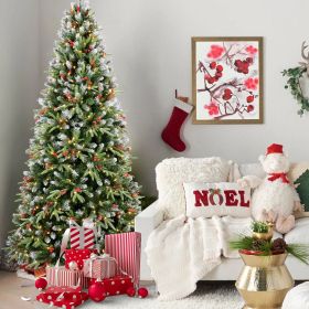 6FT Christmas Tree with 350 Warm White LED Lights Ã¢â‚¬â€œ 1593 Snow-Tipped PE+PVC Branches, Red Berries & Pine Cones, Hinged Design