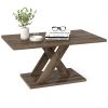 37.5" Rustic Brown Coffee Table - Geometric Design+Wood Texture, Rubber Wood Plywood Frame