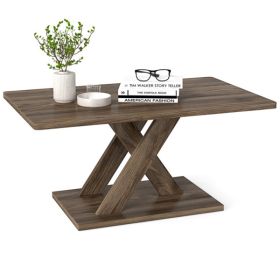 37.5" Rustic Brown Coffee Table - Geometric Design+Wood Texture, Rubber Wood Plywood Frame