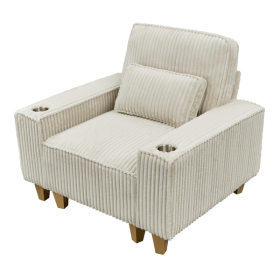 Deep Seat Corduroy Armchair with Brushed Stainless Steel Cup Holder and Decorative Pillow, Cozy Accent Chair for Living Room