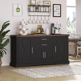 63" Farmhouse Barn Door Storage Cabinet with 2 Drawers & Door Rack, Large Buffet Table Coffee Bar Cabinets with Adjustable Shelves for Kitchen