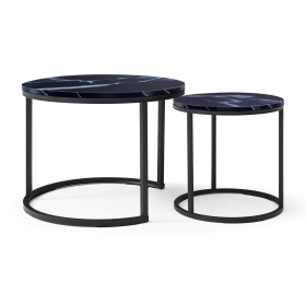 Set 2 Coffee Table Nesting Black top Black Frame Circular Round and Marble Pattern Wooden Tables