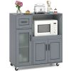 Gray Kitchen Island Cart with Microwave Shelf, Drawer & 2-Door Cabinet, 360Ã‚Â° Swivel Casters