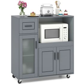 Gray Kitchen Island Cart with Microwave Shelf, Drawer & 2-Door Cabinet, 360Ã‚Â° Swivel Casters