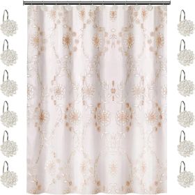 12pc Rose Vine Bathroom Sheer Shower Curtain Sets Sheer Shower Curtain & 12 Shower Bathroom Hooks Modern Classic Luxury Contemporary Decor Beige Showe