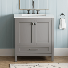30" Freestanding Bathroom Vanity with Sink, Carrara Engineered Marble Vanity Top with Under-mounted Rectangular Ceramic Sink, Large Storage Soft-Close