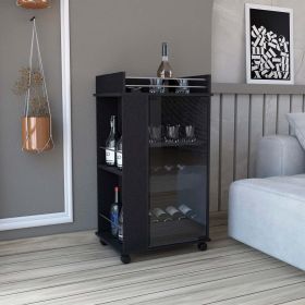 Bar Cart with Glass Door, 2-Side Shelves and Casters, Black