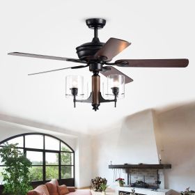 Saranac 5-Blade 52-Inch Forged Black Lighted Ceiling Fans w/ Clear Pillar Glass Lamps (Remote Controlled&2 Color Option Blades)