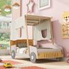 Wood Twin Size Car Bed with Pillow, Ceiling Cloth, Natural