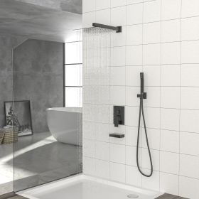 Shower System with Waterfall Tub Spout,12 Inch Wall Mounted Square Shower System with Rough-in Valve,Matte black