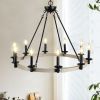 Rustic Farmhouse 10-Light Candle Chandelier, Black Metal and Wood Round Hanging Light Fixture for Dining Room, Kitchen, Living Room, Adjustable Height