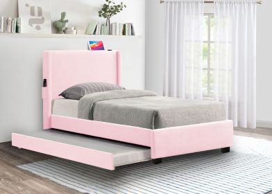 PINK TWIN SIZE UPHOLSTERED BED FRAME WITH TRUNDLE BED, TEDDY FABRIC, USB FUNCTIONALITY, AND A POCKET DESIGN ON THE SIDE OF THE HEADBOARD FOR STORING S
