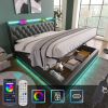 Queen size Upholstered bed, 360 surround LED function, Buttons/Apps/Remote Control, hydraulic storage bed with USB Type-C charging, Black