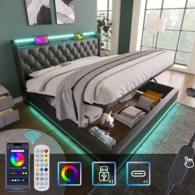 Queen size Upholstered bed, 360 surround LED function, Buttons/Apps/Remote Control, hydraulic storage bed with USB Type-C charging, Black