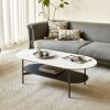 Coffee table ceramic Coffee Table, MDF painting Double Layer Coffee Table for Living Room, white ceramic and Coffee Brown Bottom Shelf