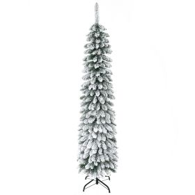 HOMCOM 6' Tall Unlit Snow Flocked Artificial Christmas Tree, Slim Pencil Xmas Tree with Realistic Branches and 395 Tips, Green