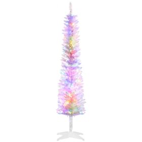 HOMCOM 5ft Tall Pencil Prelit Artificial Christmas Tree Holiday DÃ©cor with 250 Colorful Surface Branches, 150 Colorful LED Lights, White
