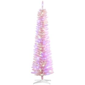 HOMCOM 6ft Tall Pencil Prelit Artificial Christmas Tree Holiday DÃ©cor with 360 Colorful Surface Branches, 200 Colorful LED Lights, Pink