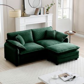 Two-Seater Sofa with One Footrest, L-Shaped 2-Seater Sofa with Ottoman for Small Living Spaces,Green Corduroy