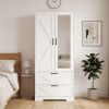 2 Door Wood Wardrobe for Bedroom with Hanging Clothing Rod inside the Cabinet and 2 Drawers for Storage Organization