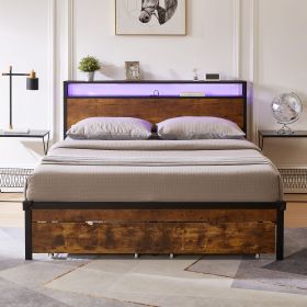 Full Size Metal Platform Bed Frame with Wooden Headboard and Footboard with USB,Charging Station,2 Drawers,LED Lights, No Box Spring Needed, Easy Asse