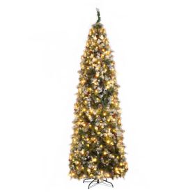 9ft Automatic Tree Structure Pointed Pencil Shape PVC Material Green Sticky White 460 Lights Warm Color 8 Modes 1298 Branches 91 Pine Cones 91 Berries