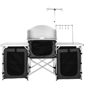Camping Kitchen Table, Folding Outdoor Cooking Table with Storage Carrying Bag, Aluminum Cook Station 3 Cupboard & Detachable Windscreen