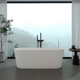 FRALIMK 63" x 30" x 22" Flatbottom Freestanding Solid Surface Resin Stone Bathtub Soaking Tub In Soft White Matte