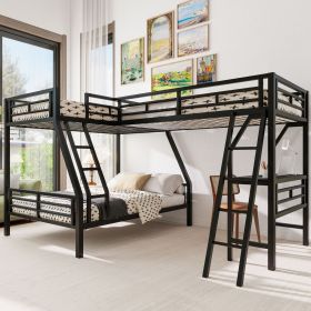 Twin over Full Bunk Bed with a Twin Size Loft Bed attached, with a Desk, Metal, Black