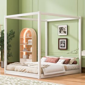 Queen Size Canopy Platform Bed with Support Legs,White